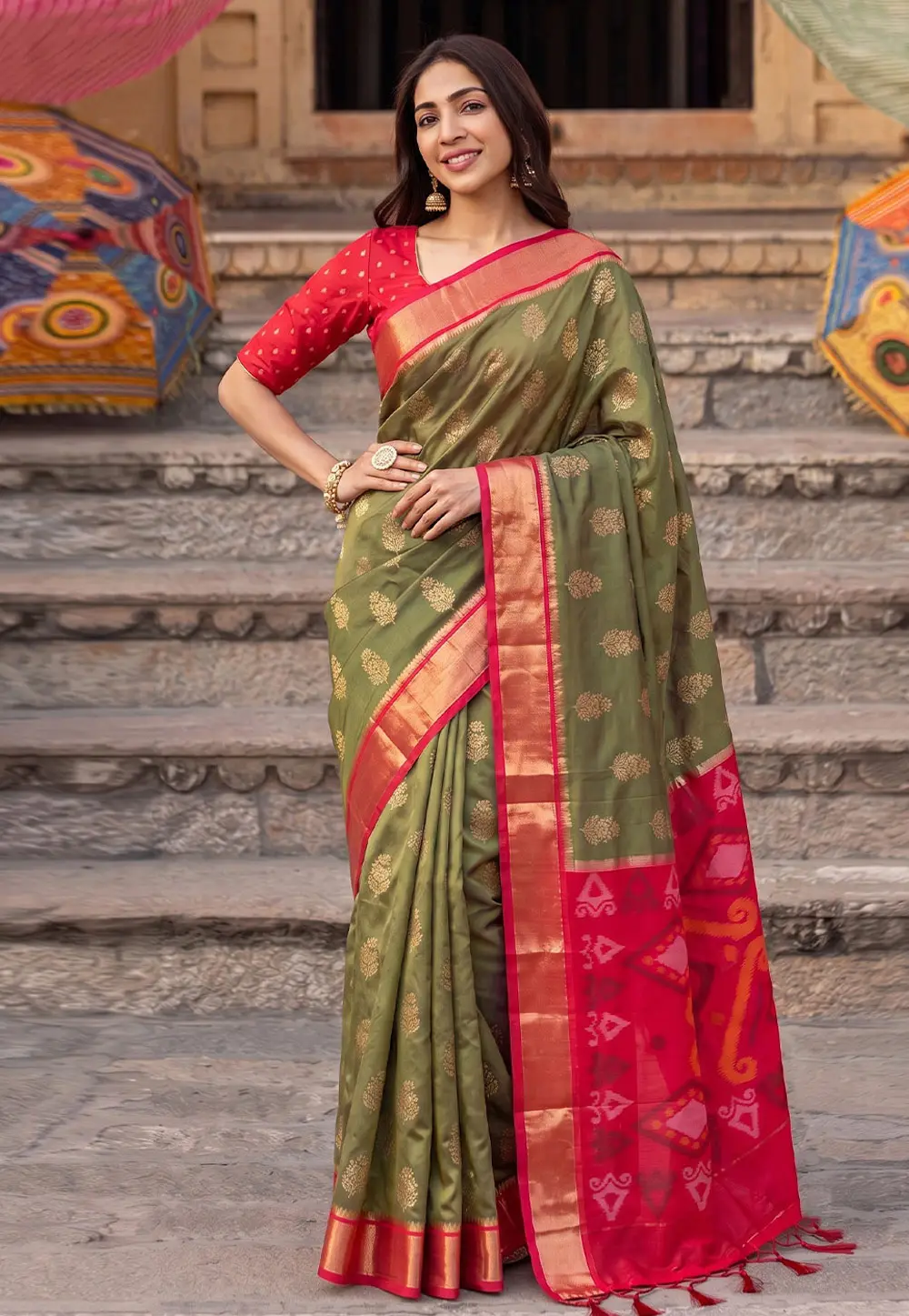 Mehndi Silk Saree With Blouse 332211