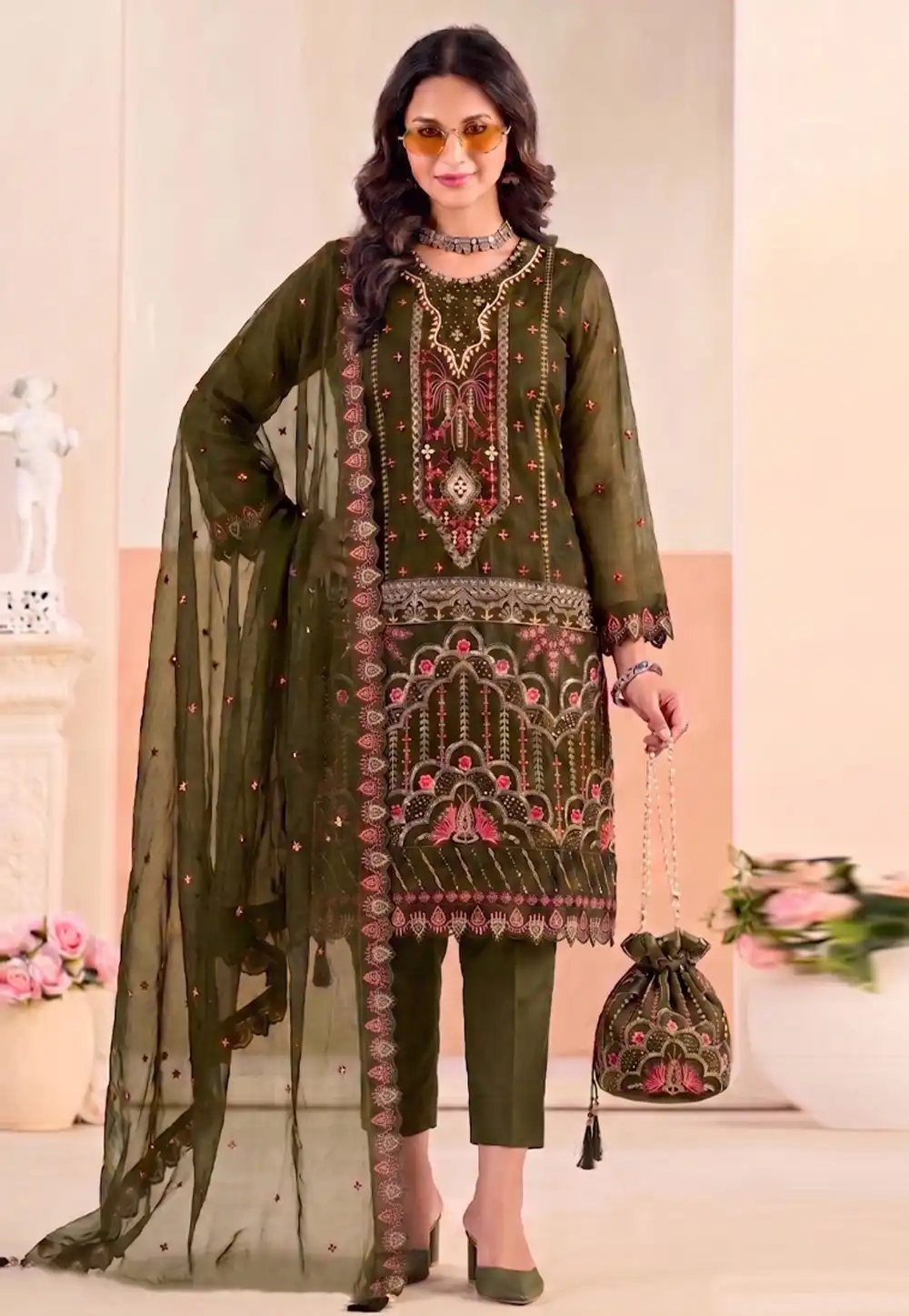Mehndi Silk Straight Suit 329776