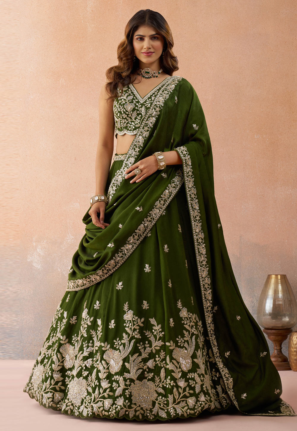 Mehndi Tissue Lehenga Choli For Wedding 328213