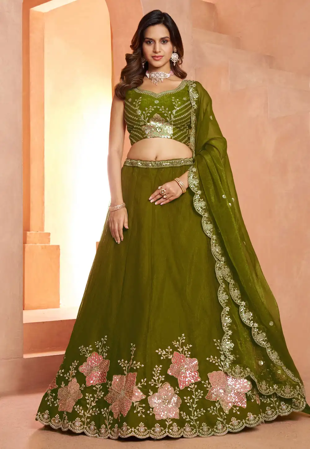 Mehndi Tissue Lehenga Choli For Wedding 329398