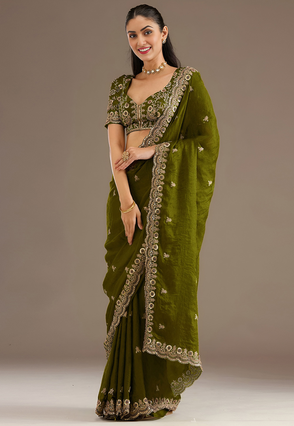 Mehndi Tissue Saree With Blouse 326756