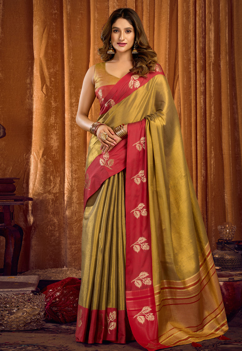 Mehndi Tissue Saree With Blouse 321080
