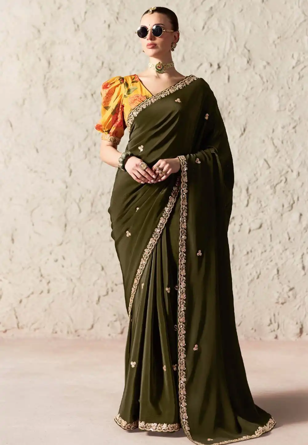 Mehndi Tissue Saree With Blouse 327901
