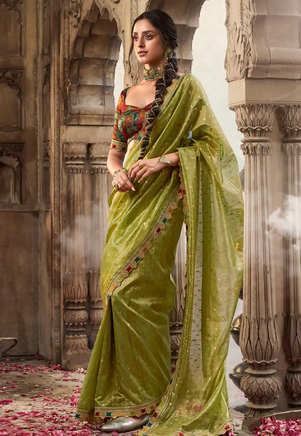 Mehndi Tissue Saree With Blouse 313450