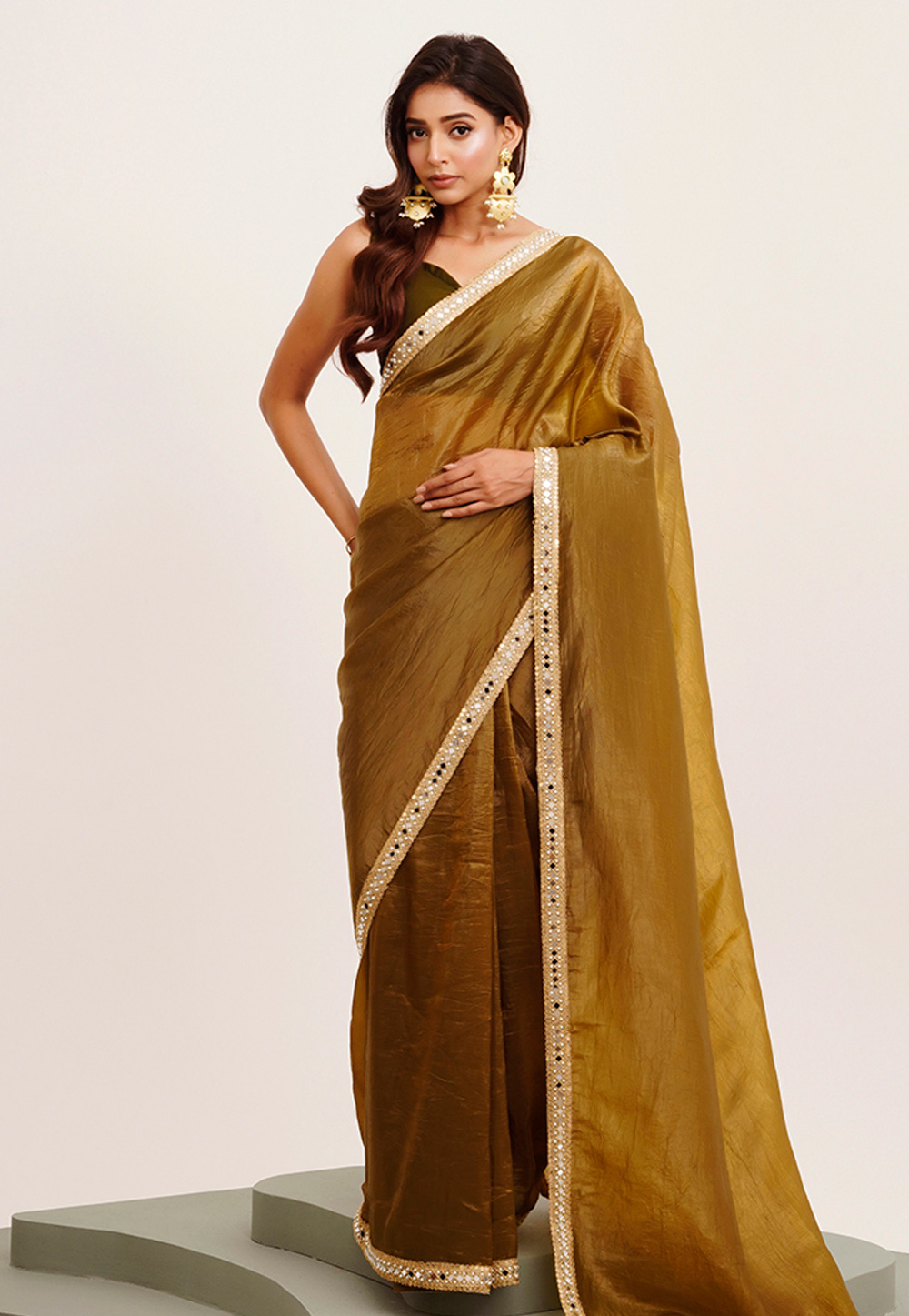 Mehndi Tissue Saree With Blouse 312106