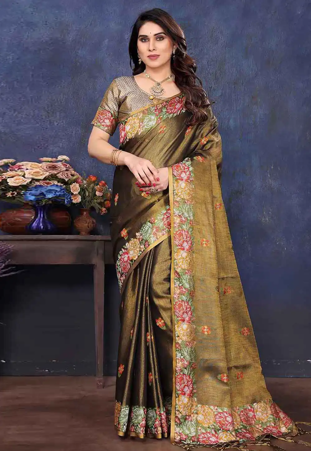 Mehndi Tissue Silk Saree With Blouse 316547