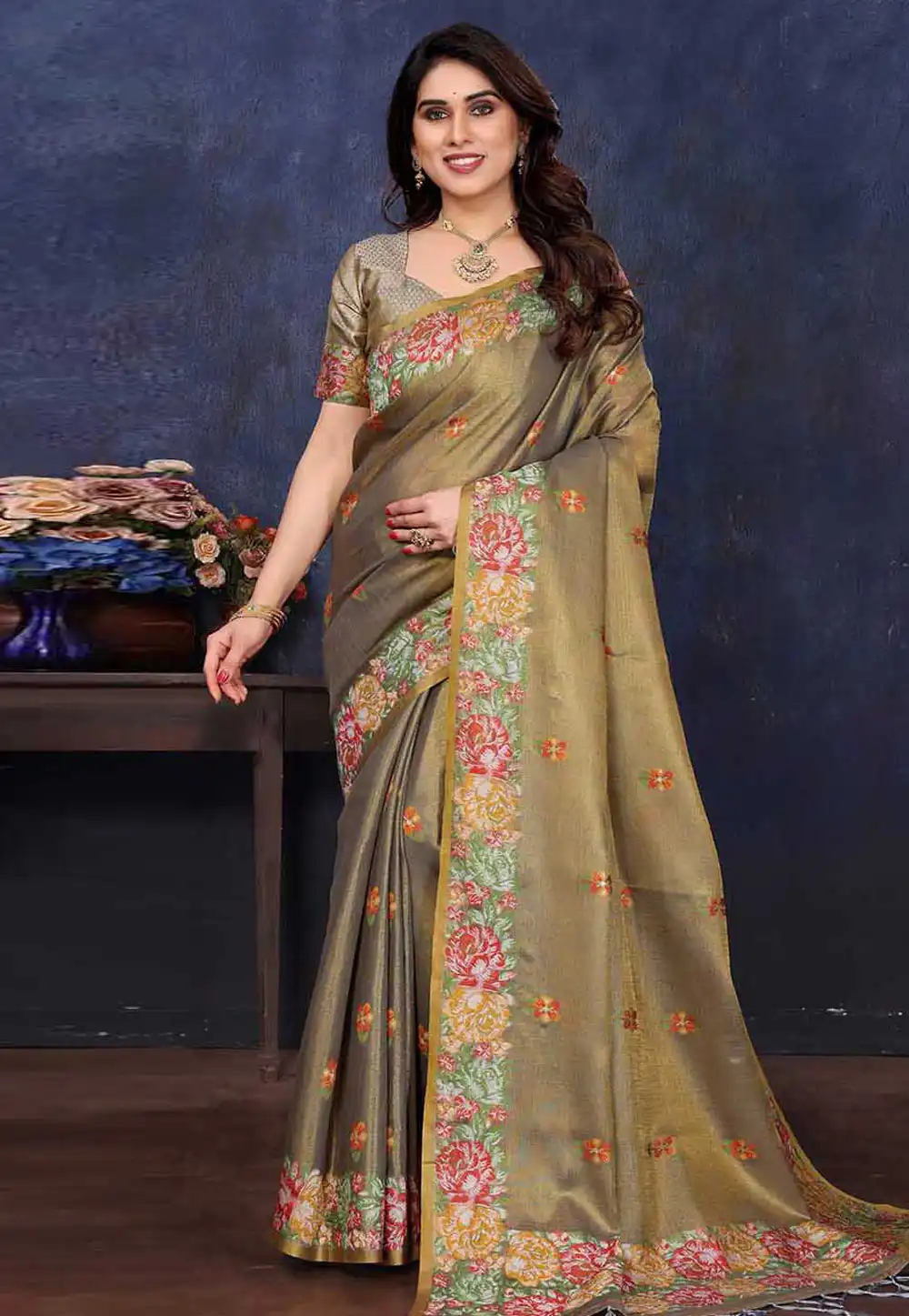 Mehndi Tissue Silk Saree With Blouse 316555