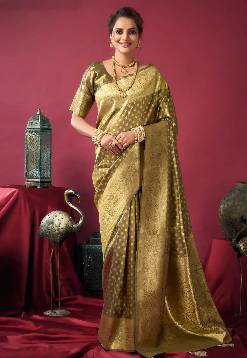 Mehndi Tissue Silk Saree With Blouse 317715
