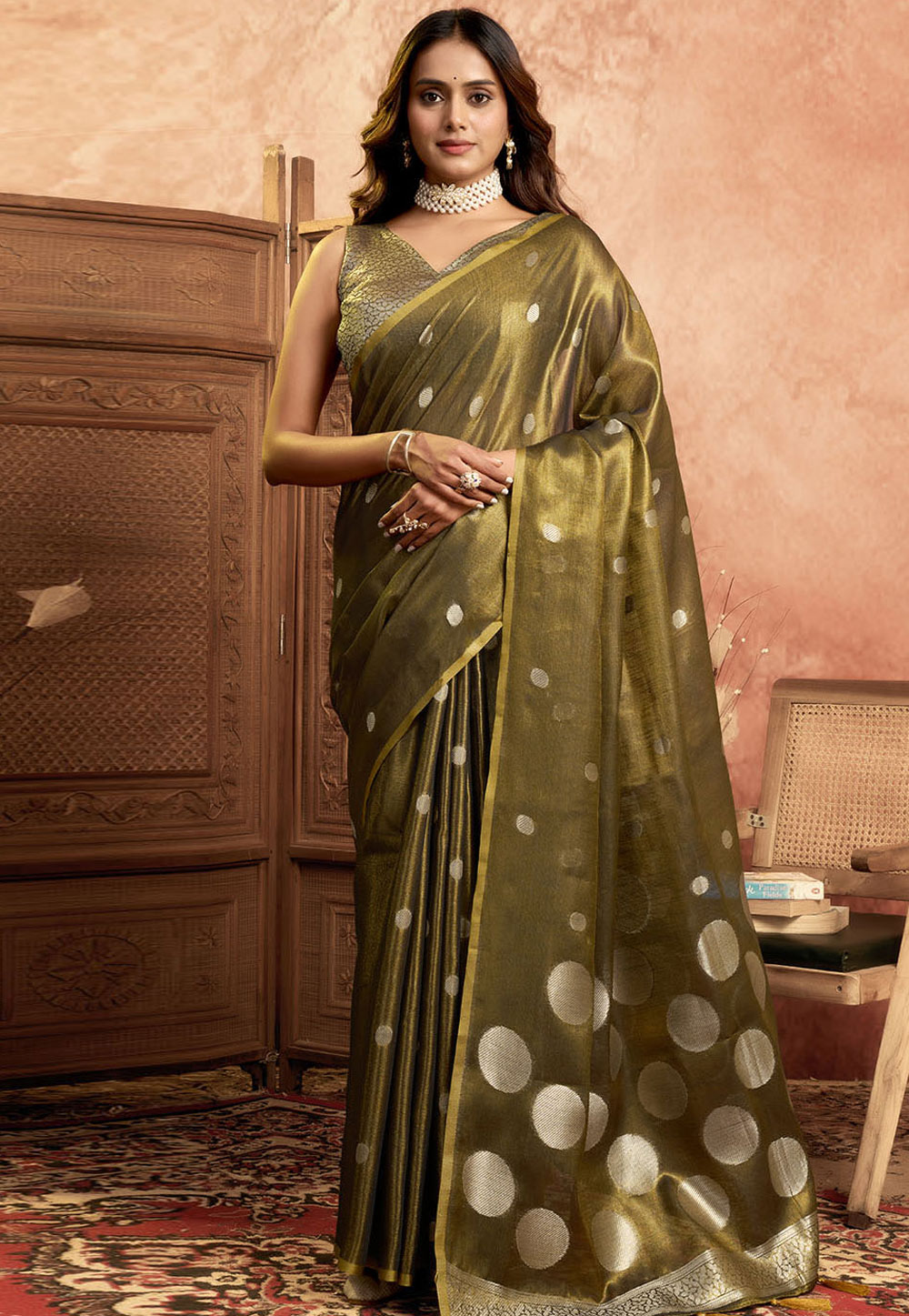Mehndi Tissue Silk Saree With Blouse 312525