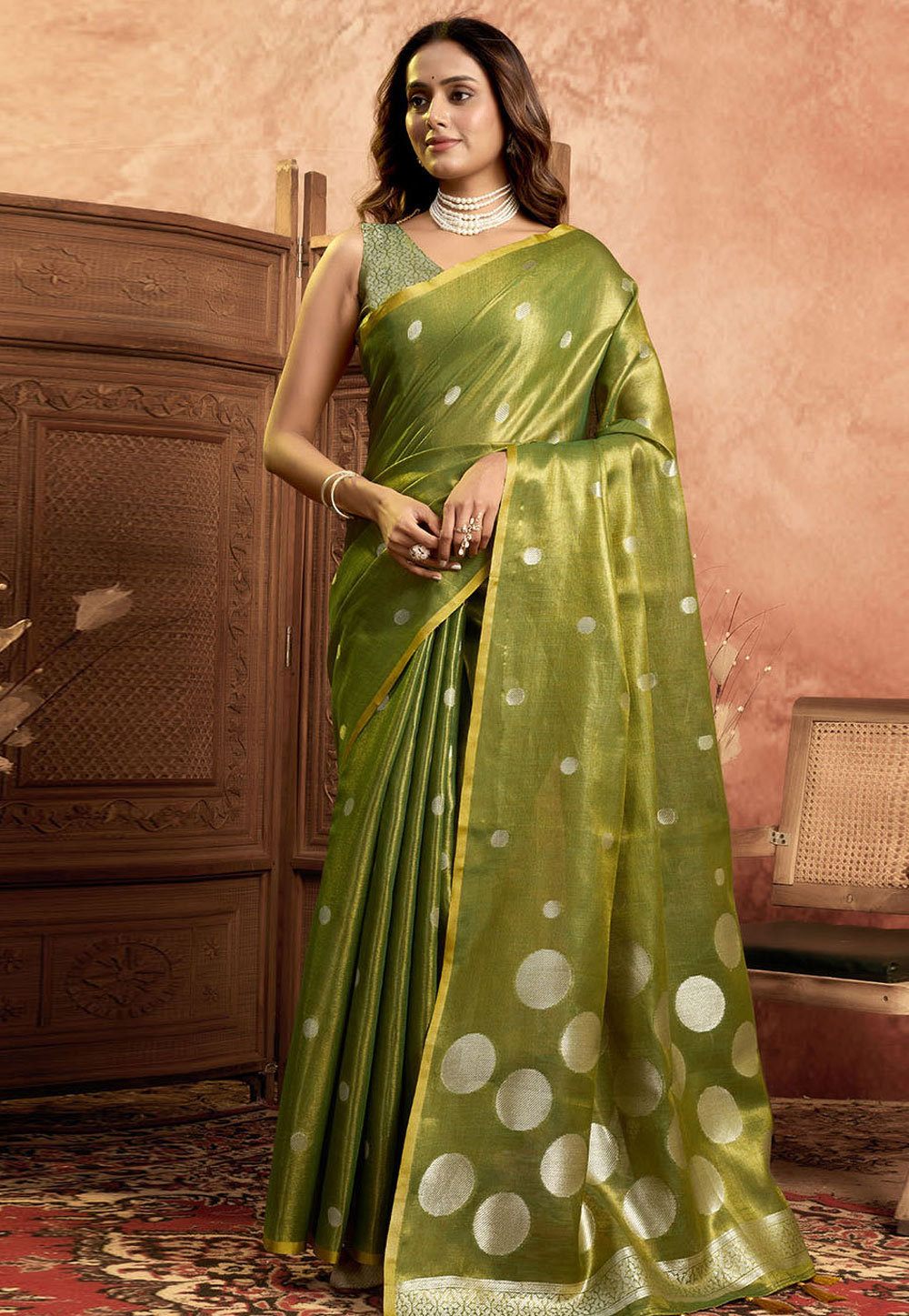 Mehndi Tissue Silk Saree With Blouse 312530