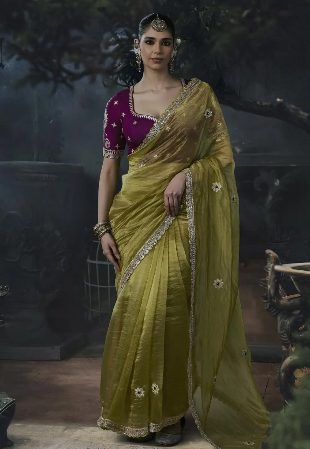 Mehndi Tissue Silk Saree With Blouse 333022