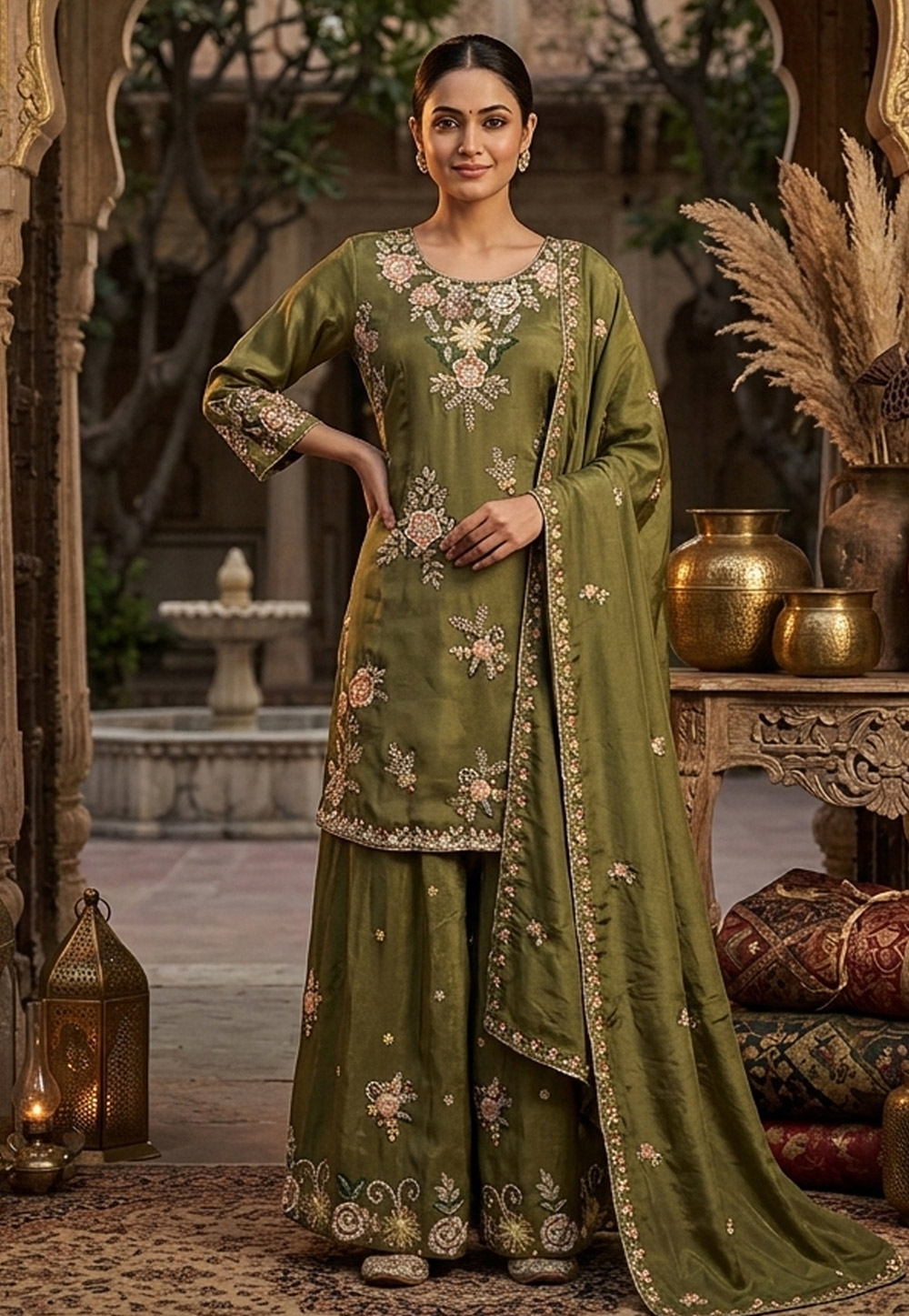 Mehndi Viscose Crepe Readymade Sharara Suit 326826