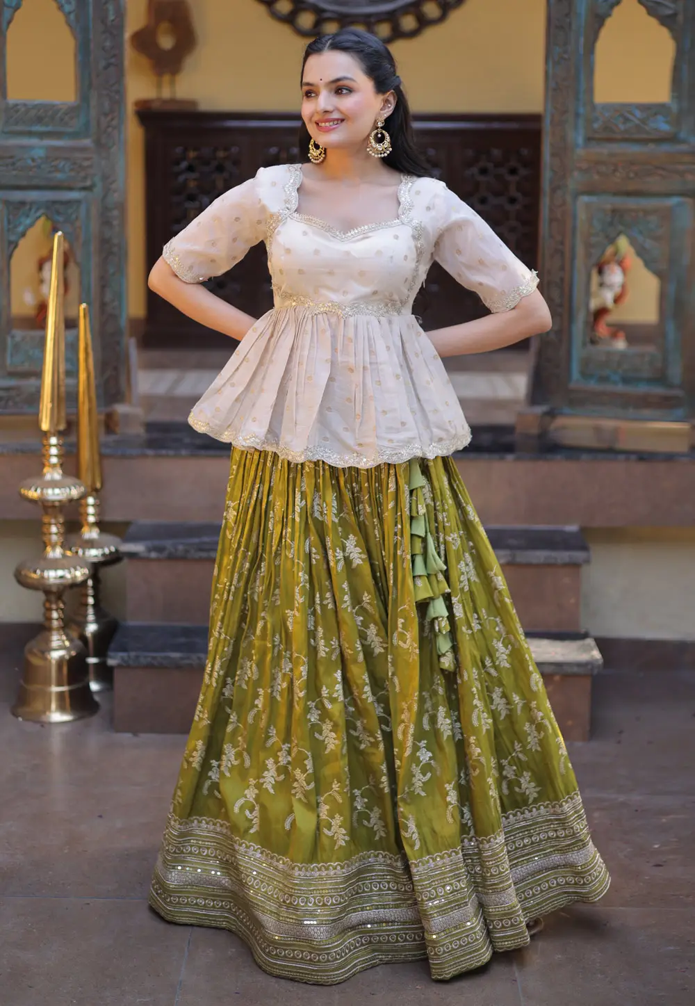Mehndi Viscose Jacquard Readymade Long Choli Lehenga 331217