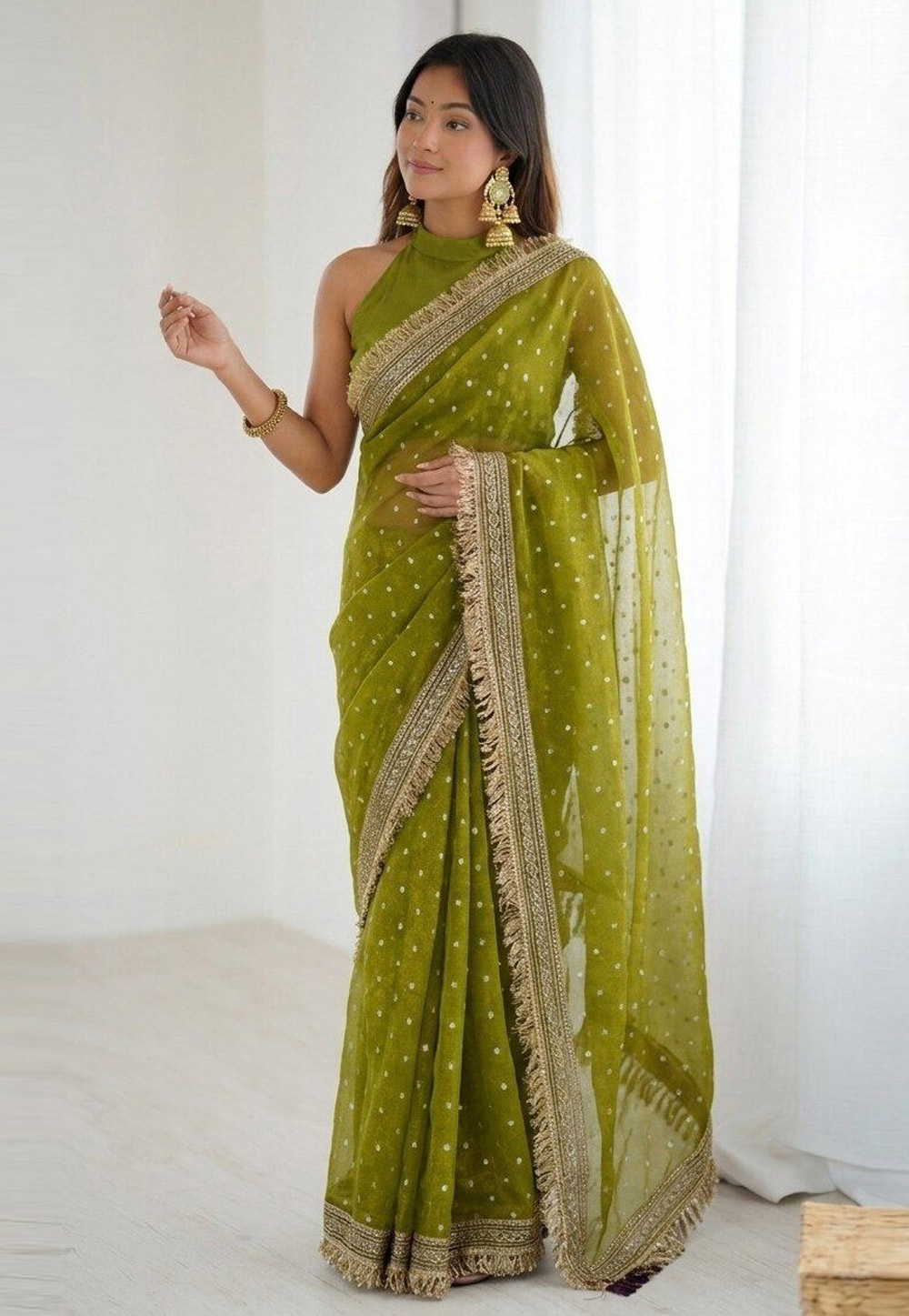Mehndi Viscose Jacquard Saree With Blouse 328626