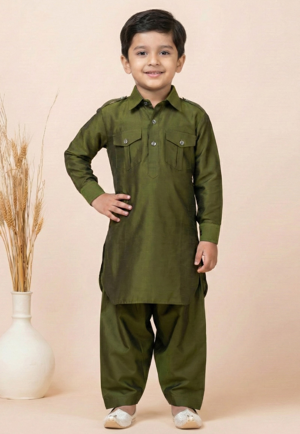 Mehndi Viscose Kids Pathani Suit 322089
