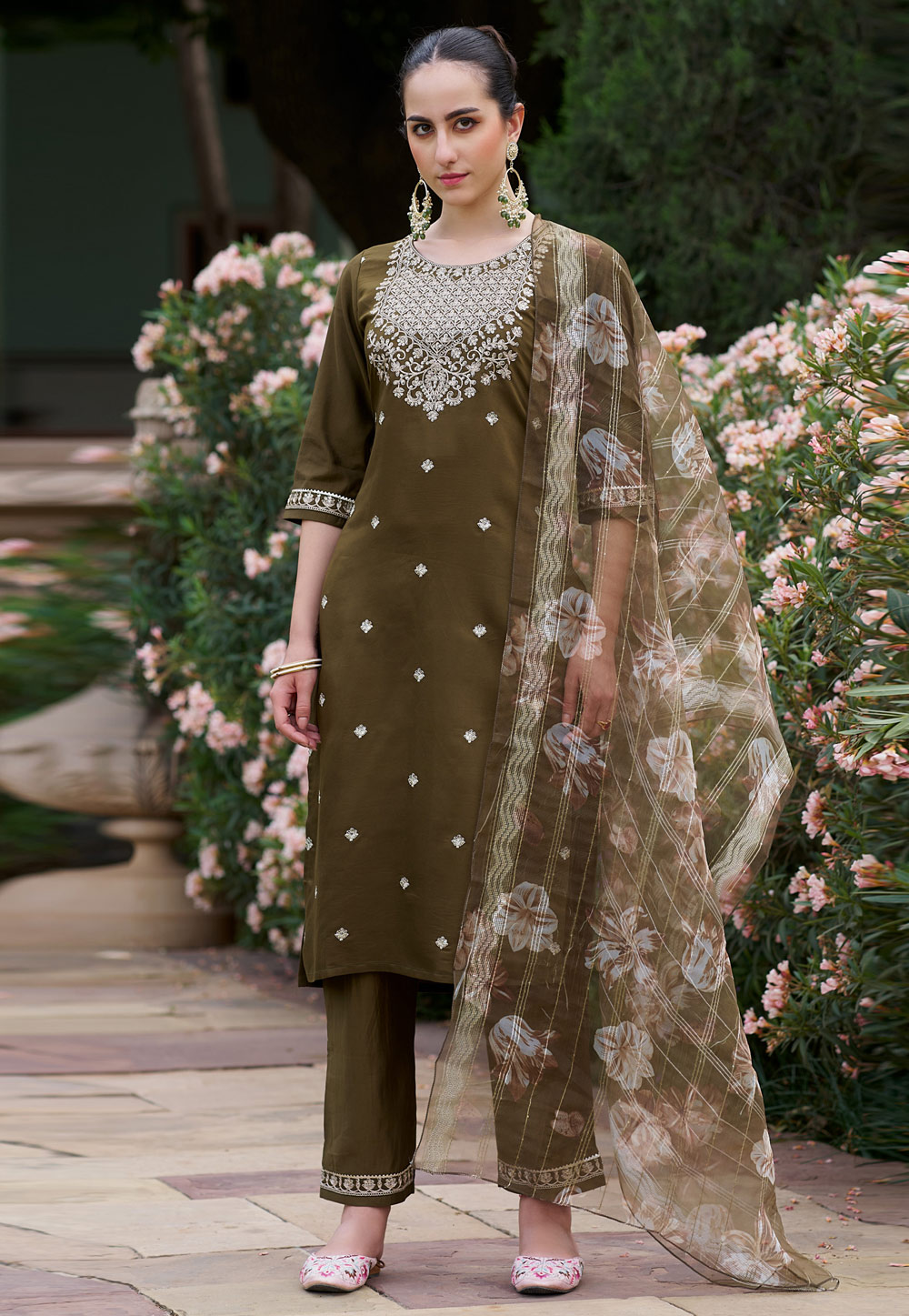 Mehndi Viscose Rayon Readymade Pakistani Suit 325528
