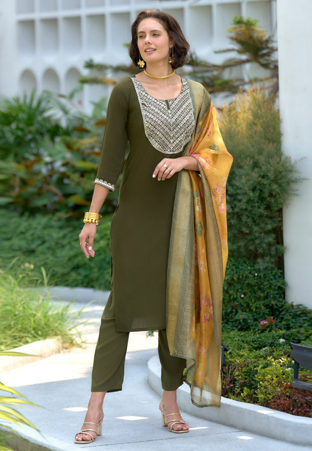 Mehndi Viscose Rayon Readymade Pant Style Suit 311994