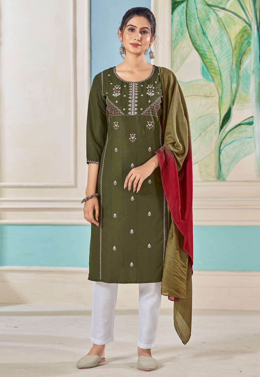 Mehndi Viscose Readymade Pant Style Suit 281032