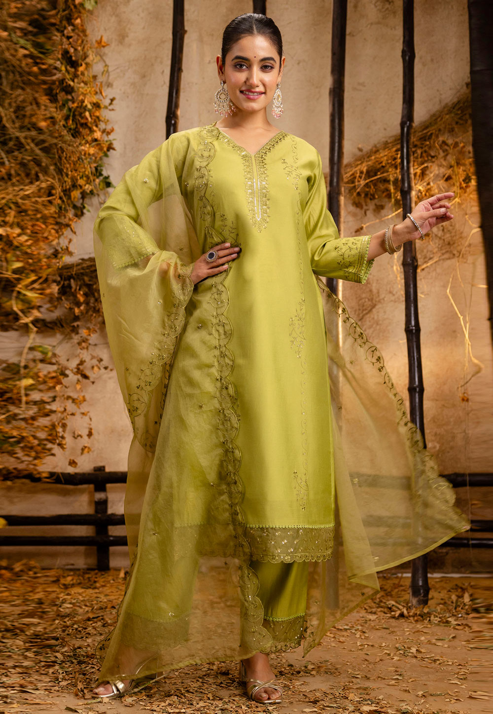 Mehndi Viscose Readymade Pant Style Suit 329956