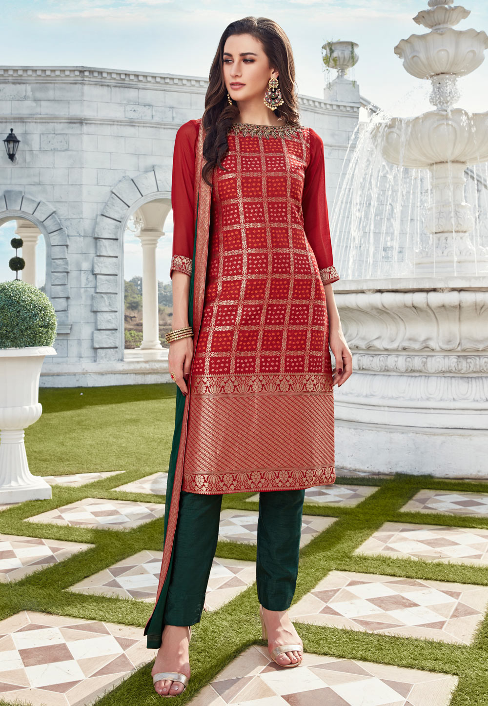 Red Silk Readymade Pant Style Suit 197288