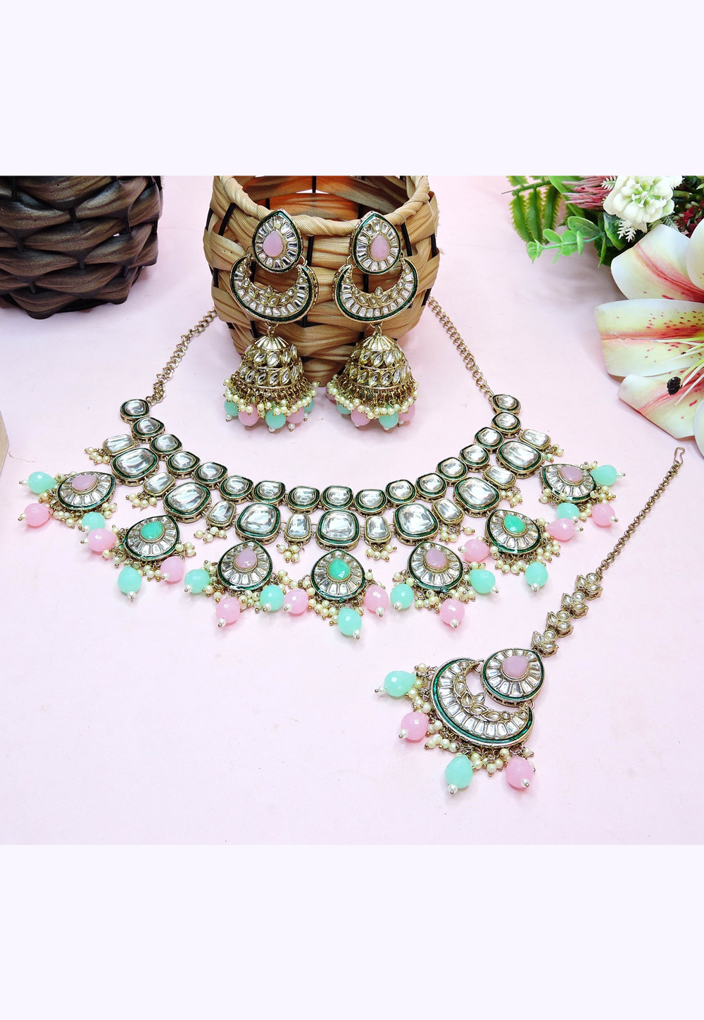 Multicolor Alloy Necklace Set With Earrings and Maang Tikka 312384