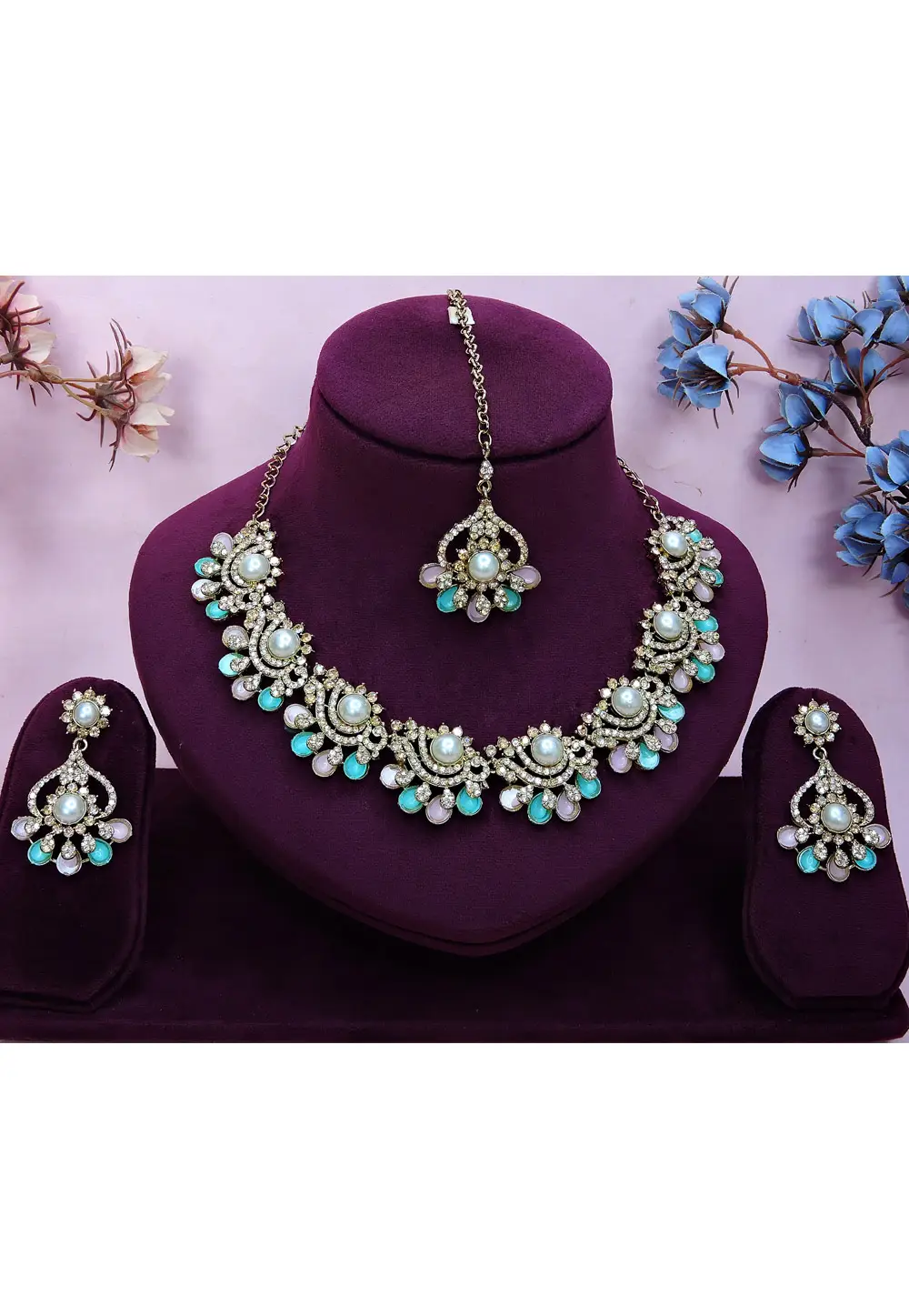 Multicolor Alloy Necklace Set With Earrings and Maang Tikka 332149