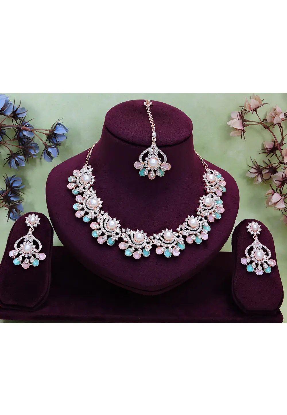 Multicolor Alloy Necklace Set With Earrings and Maang Tikka 332161