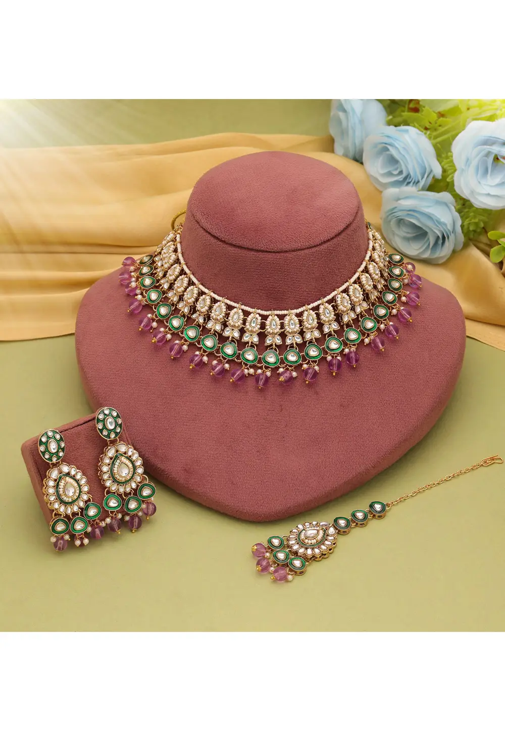 Multicolor Alloy Necklace Set With Earrings and Maang Tikka 334910