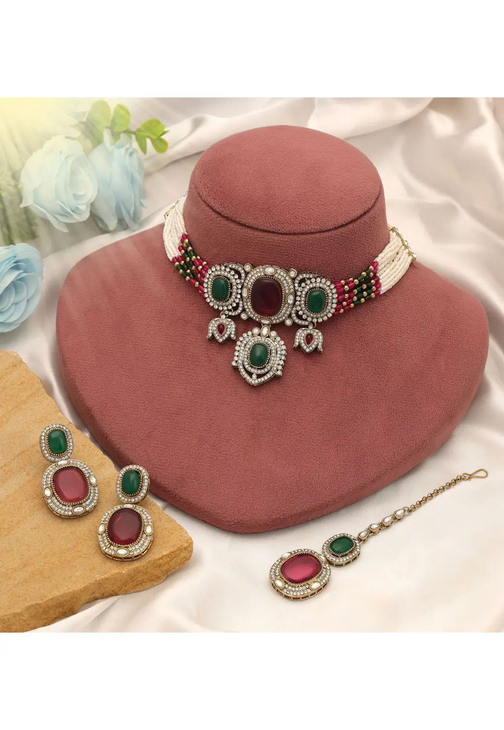 Multicolor Alloy Necklace Set With Earrings and Maang Tikka 335239