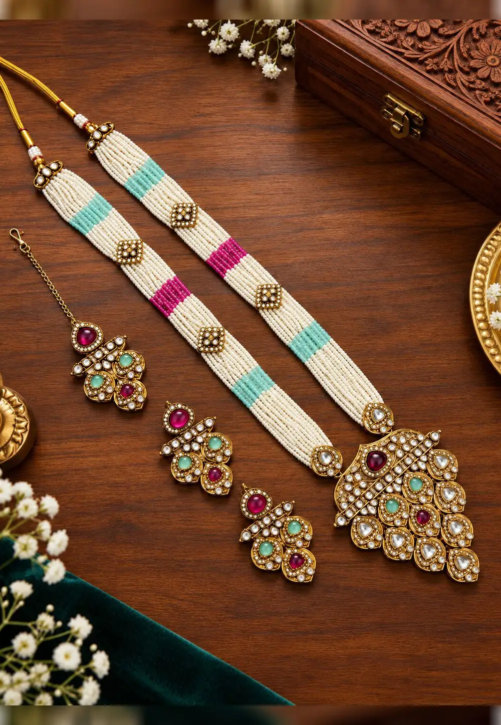 Multicolor Alloy Necklace Set With Earrings and Maang Tikka 336289