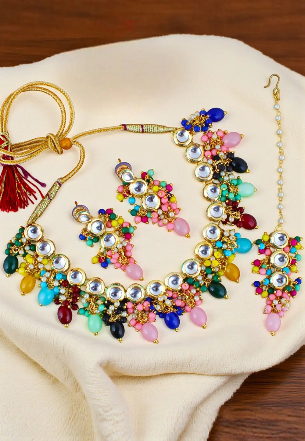 Multicolor Brasso Necklace Set With Earrings and Maang Tikka 330962