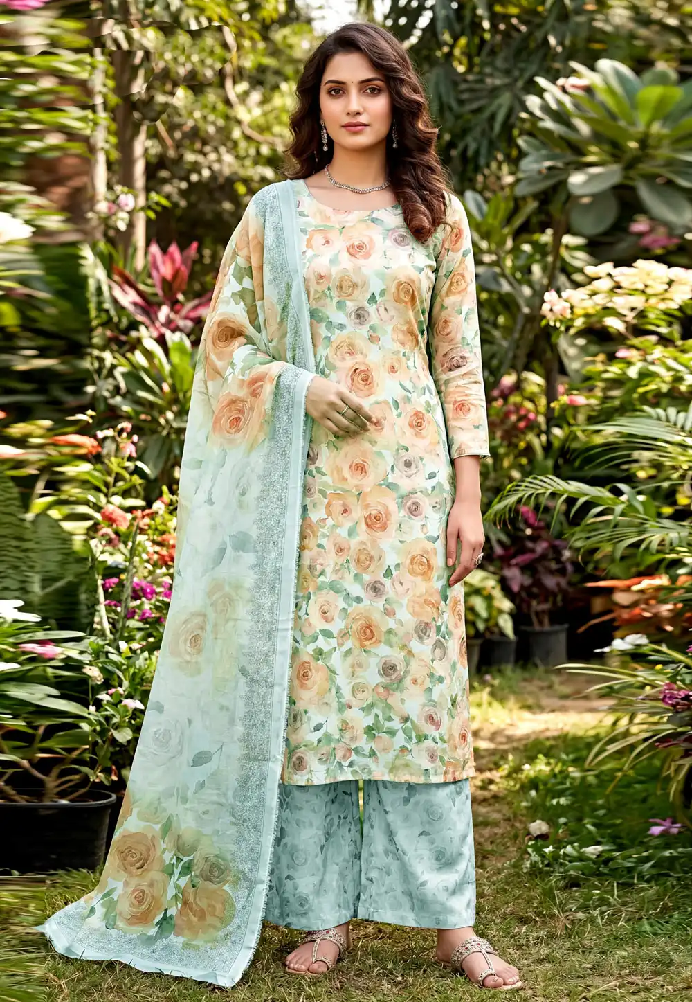 Multicolor Cambric Cotton Palazzo Suit 328336