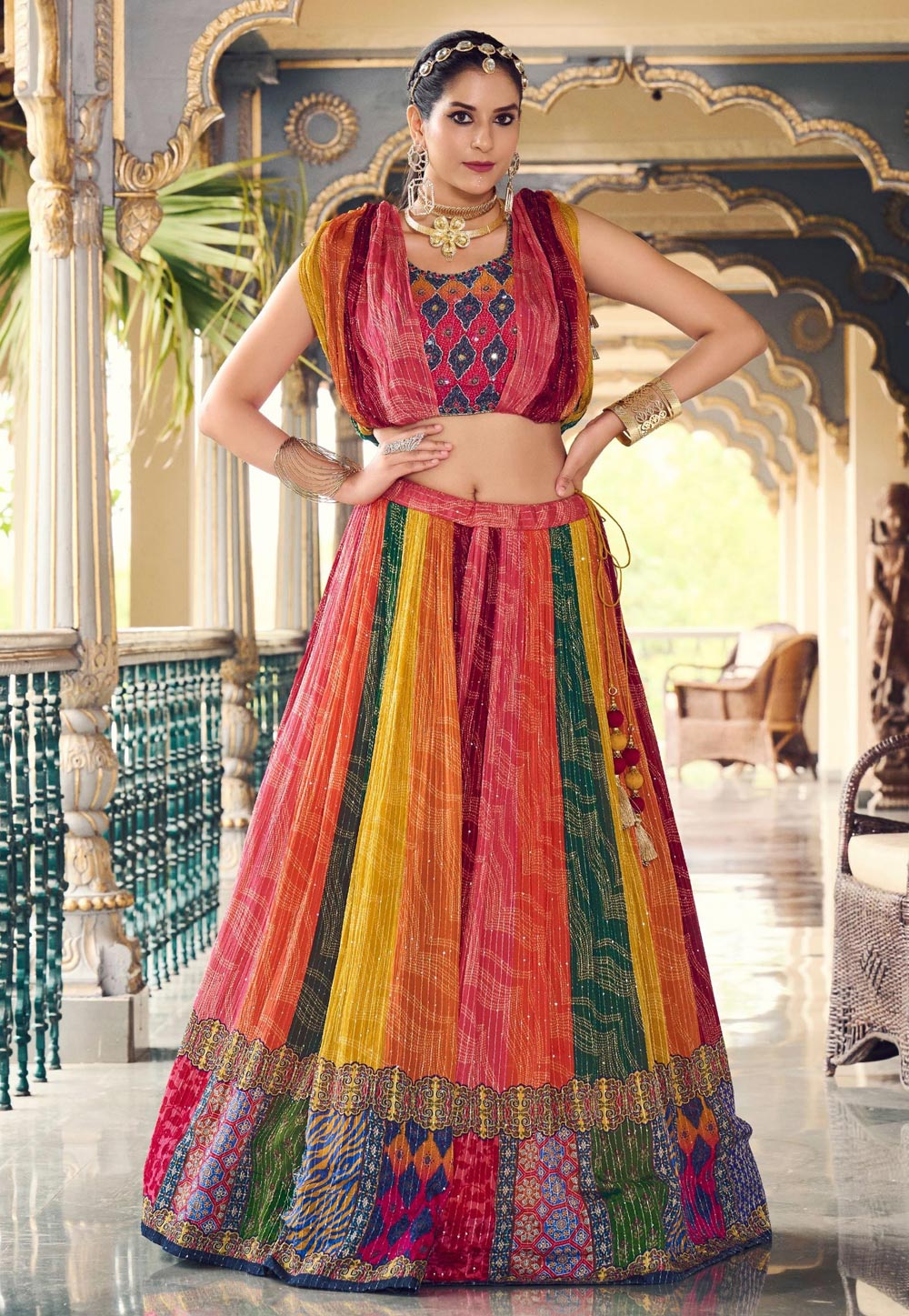 Multicolor Chinon Circular Lehenga Choli 285915