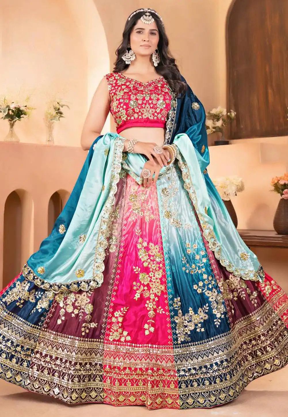 Multicolor Chinon Circular Lehenga Choli 313924