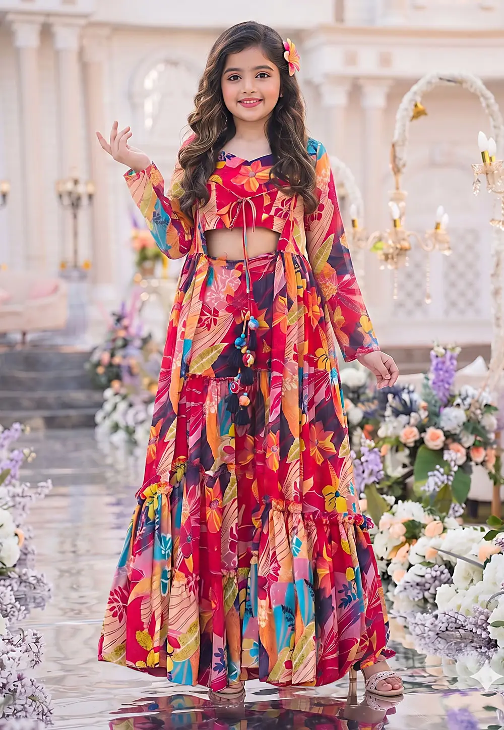Multicolor Chinon Girls Sharara With Crop Top 336853