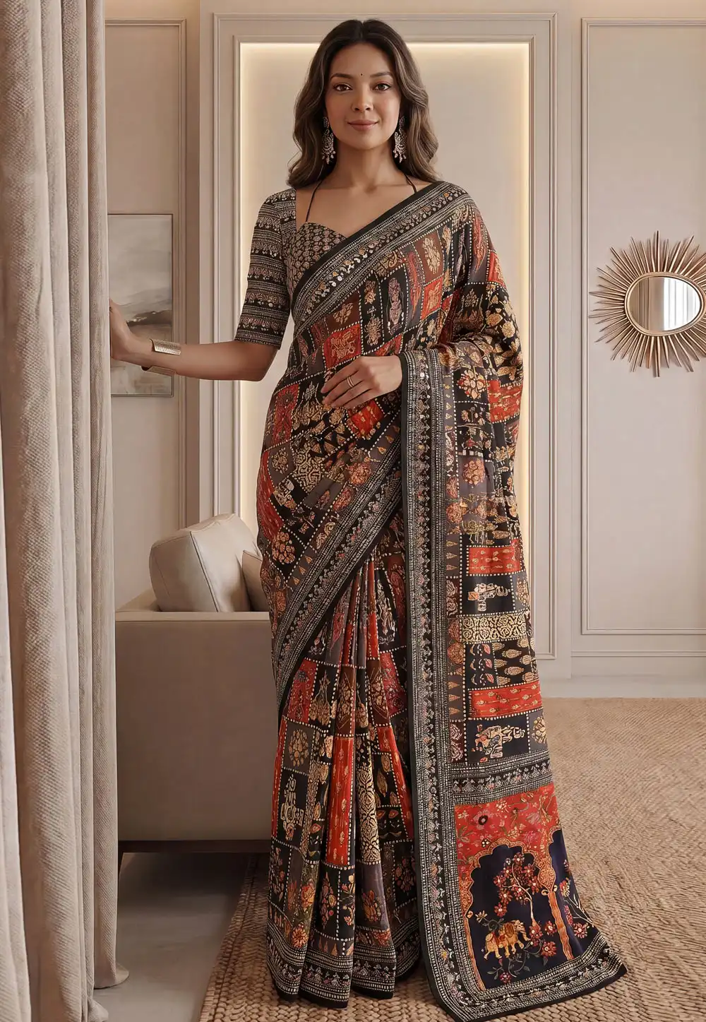 Multicolor Chinon Saree With Blouse 330280