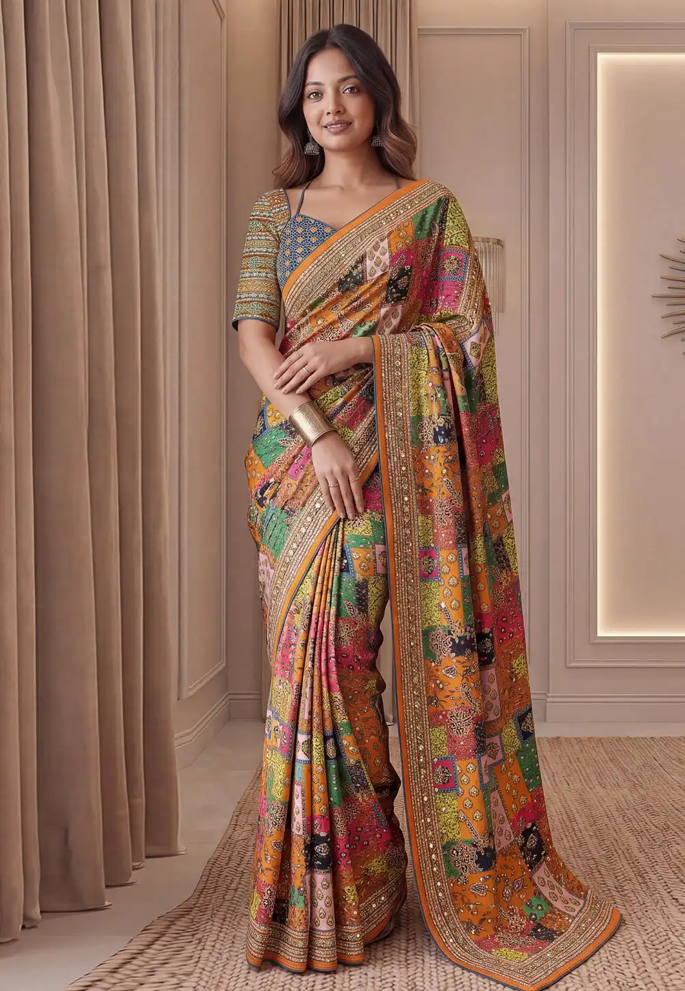 Multicolor Chinon Saree With Blouse 330282