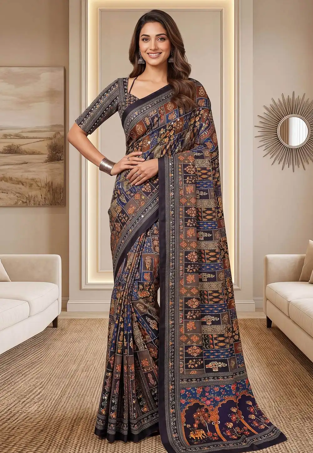 Multicolor Chinon Saree With Blouse 330283