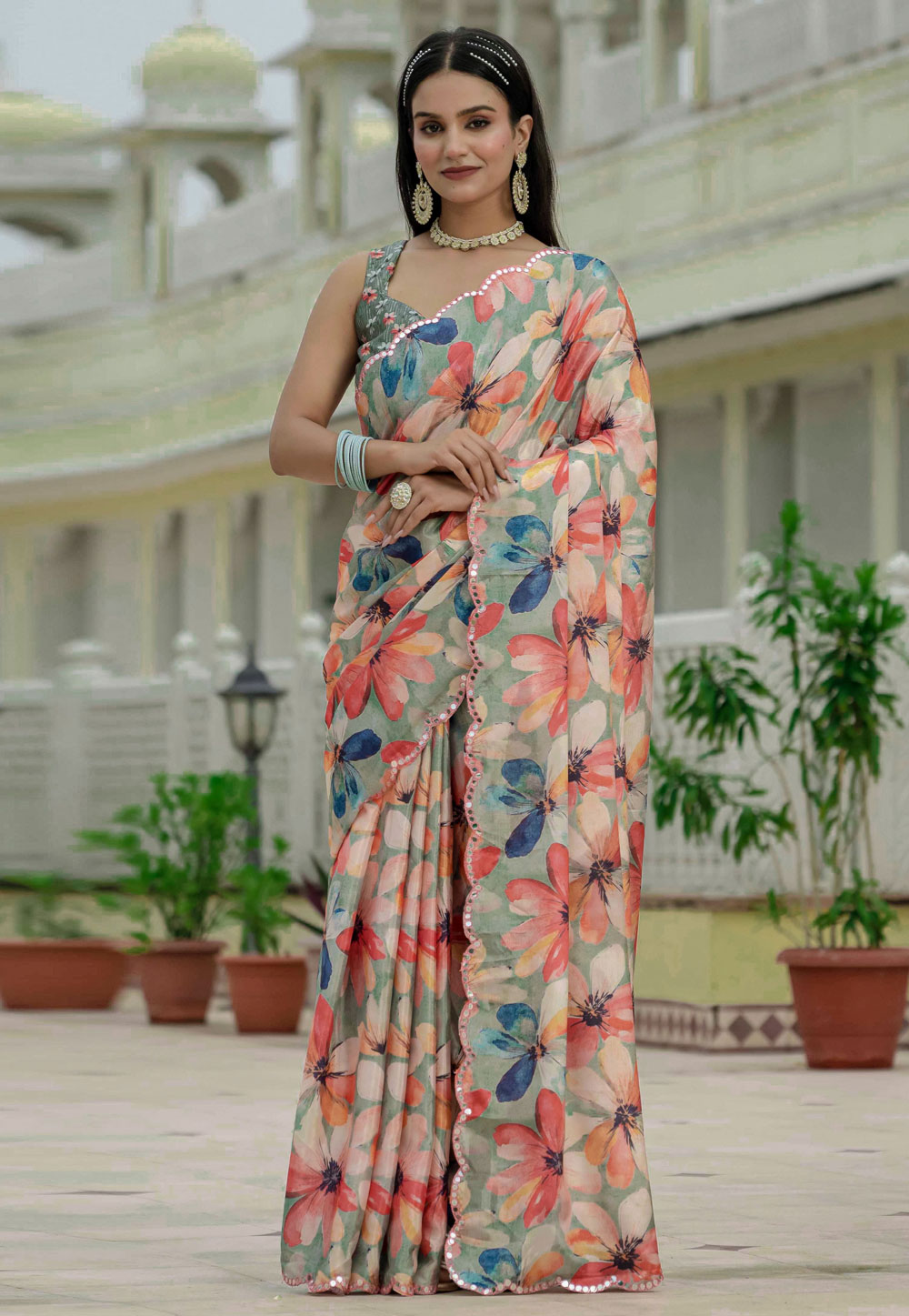 Multicolor Chinon Saree With Blouse 318032