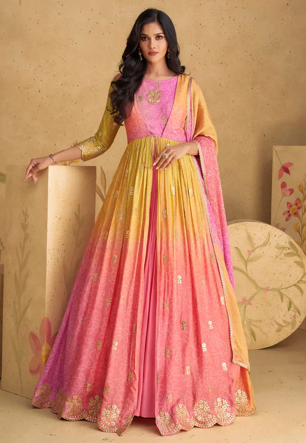 Multicolor Chinon Silk Anarkali Suit 291860
