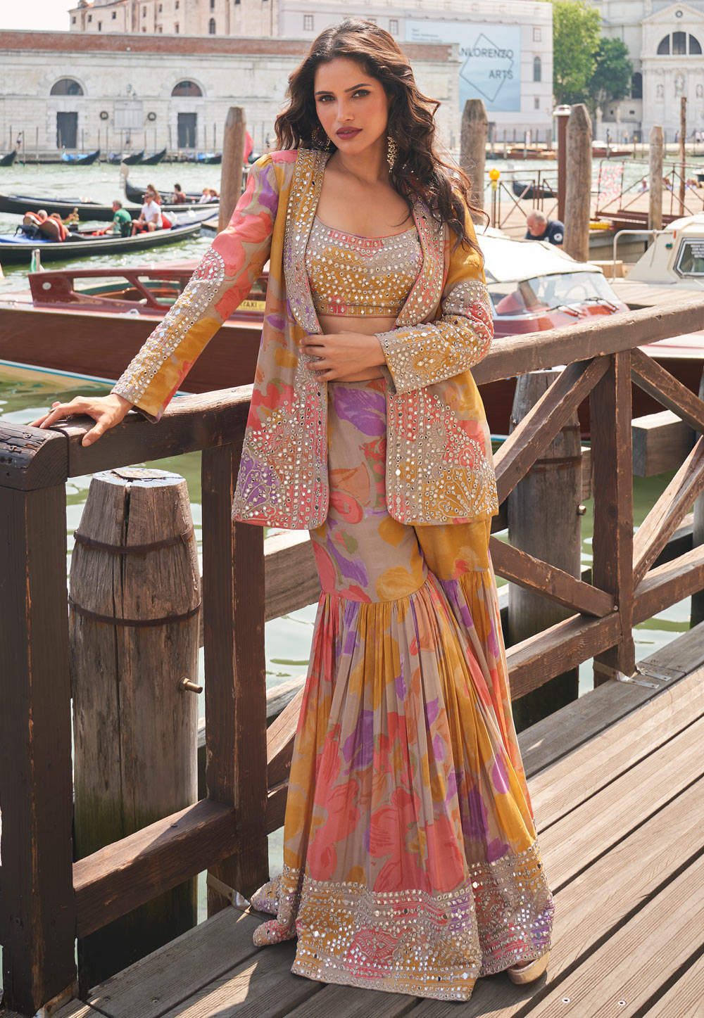 Multicolor Chinon Silk Jacket Style Suit 321156
