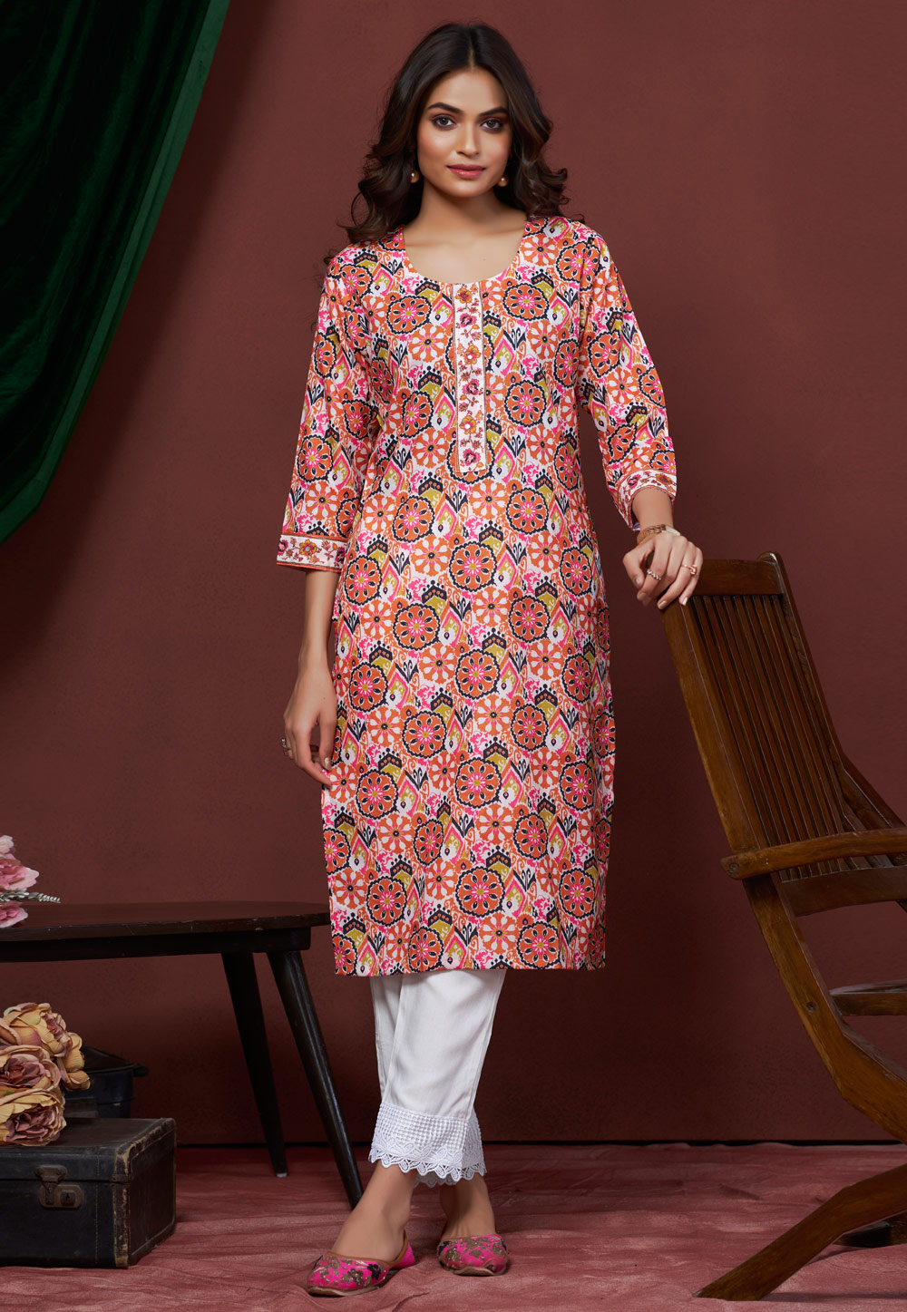 Multicolor Cotton Linen Printed Long Kurti 311980