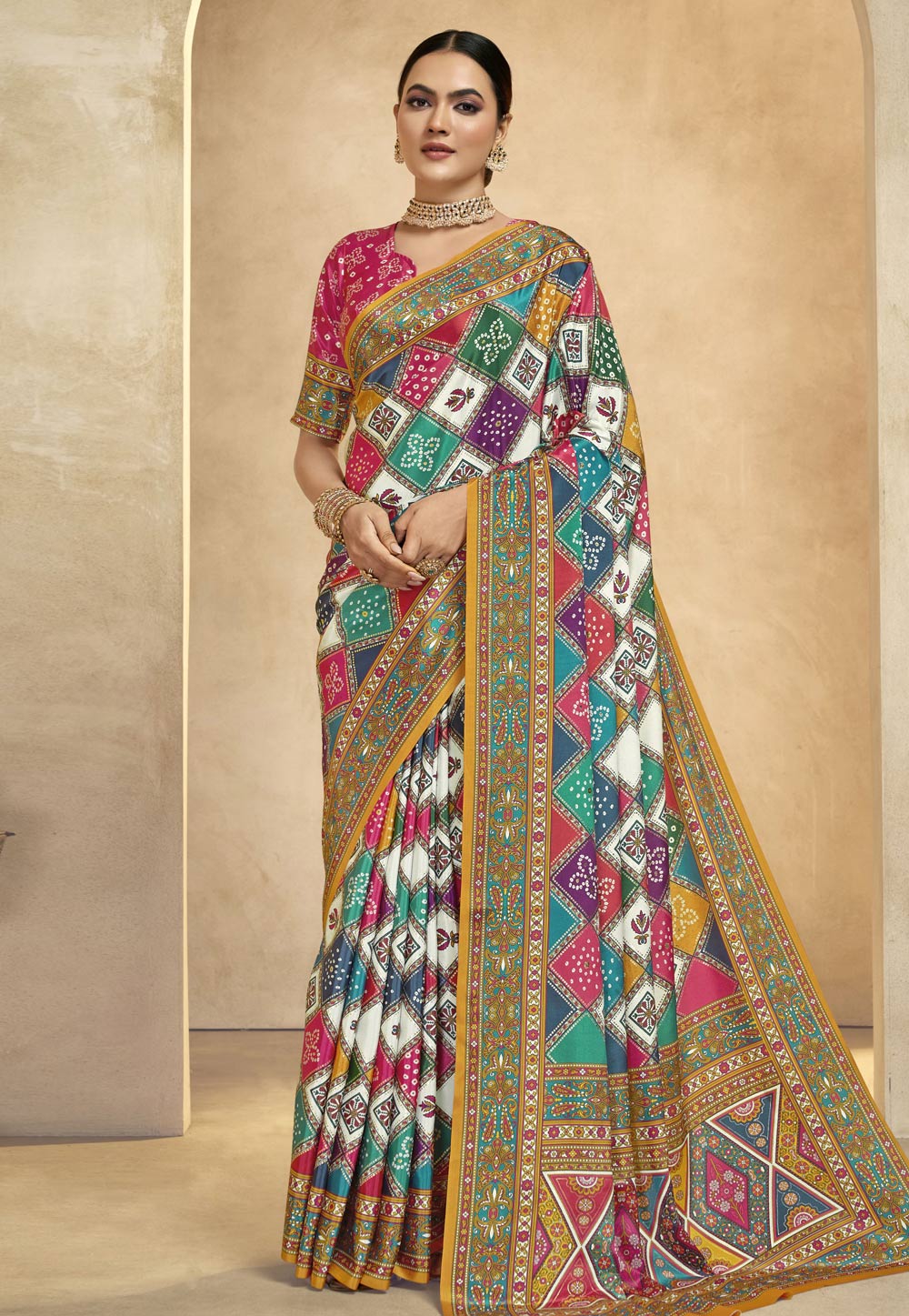 Multicolor Crepe Silk Saree With Blouse 322018