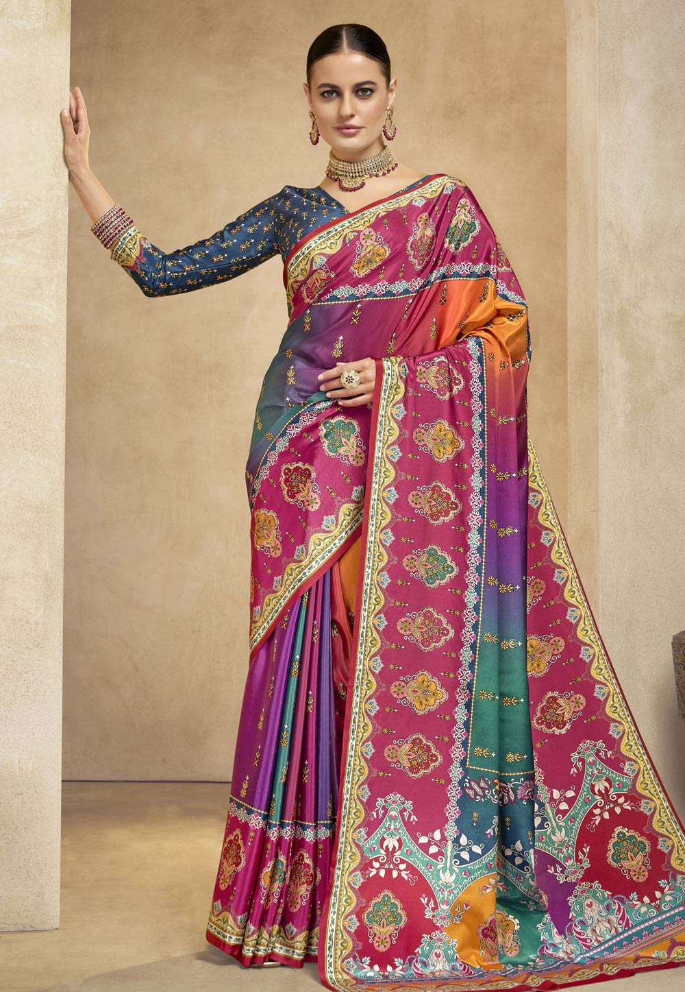 Multicolor Crepe Silk Saree With Blouse 322020
