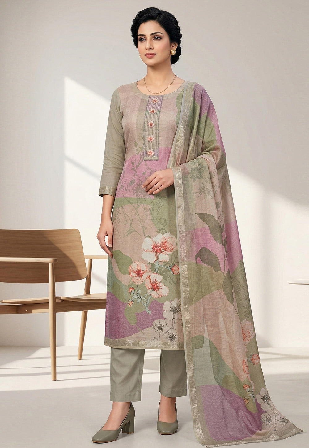 Multicolor Linen Straight Suit 327905