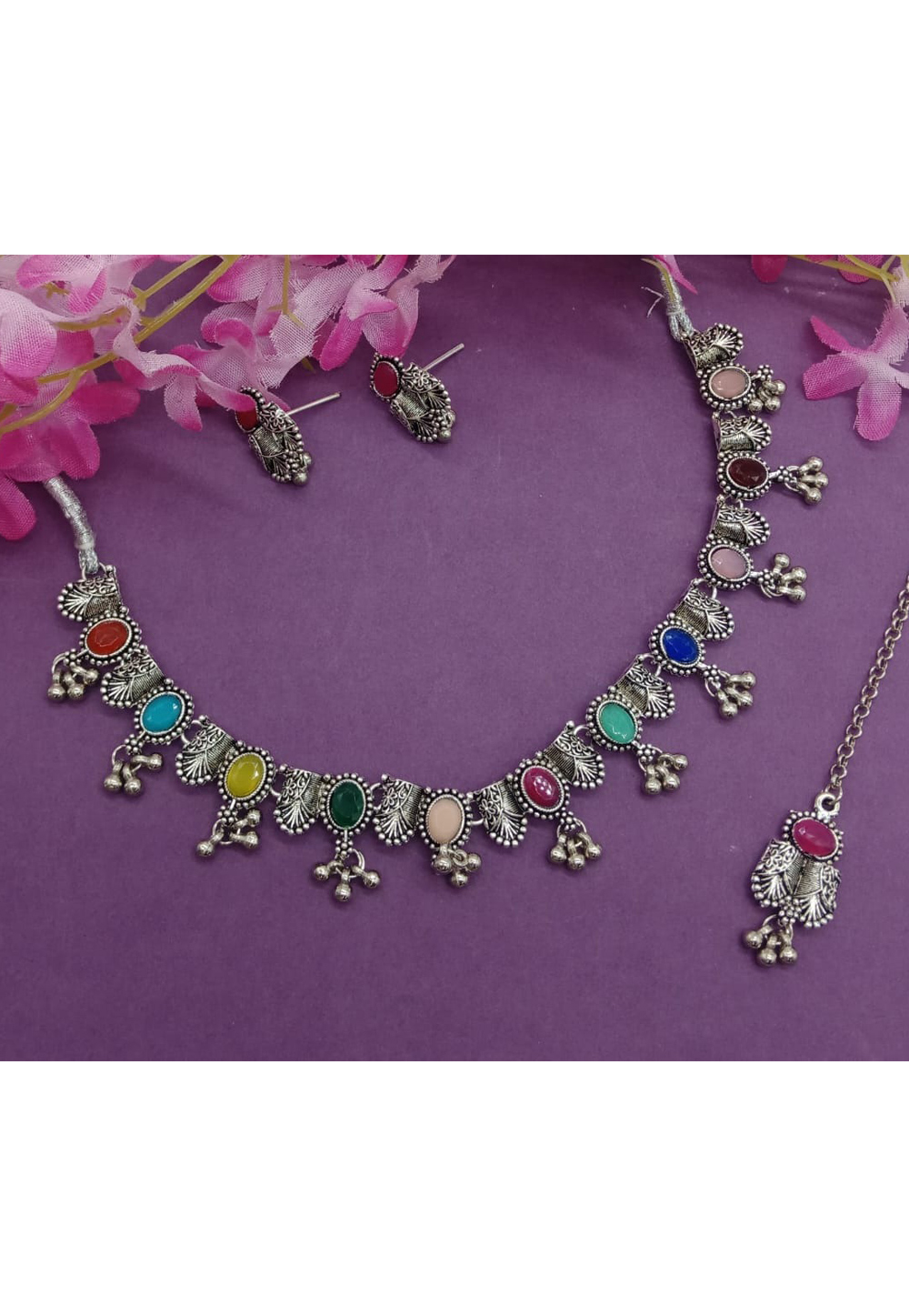 Multicolor Oxidised Necklace Set With Earrings and Maang Tikka For Navratri 312584