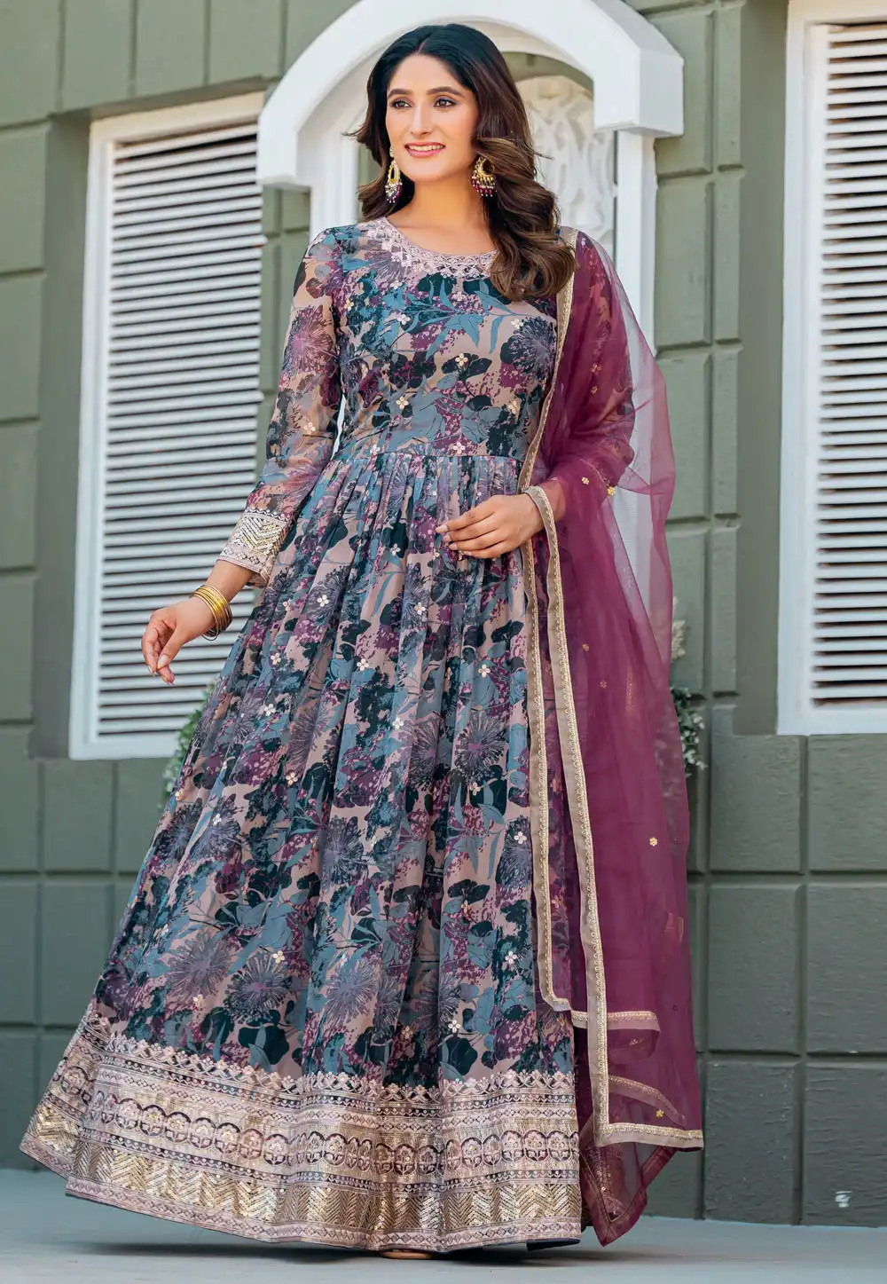 Multicolor Silk Readymade Long Anarkali Suit 315870