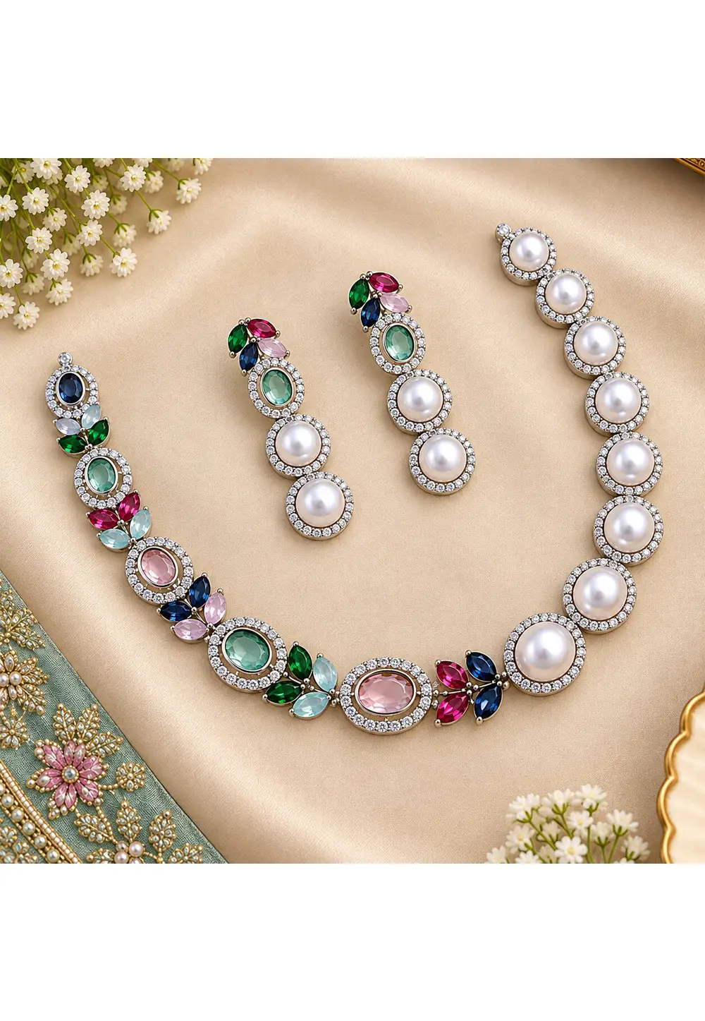 Multicolor Stone Necklace With Earrings 335561