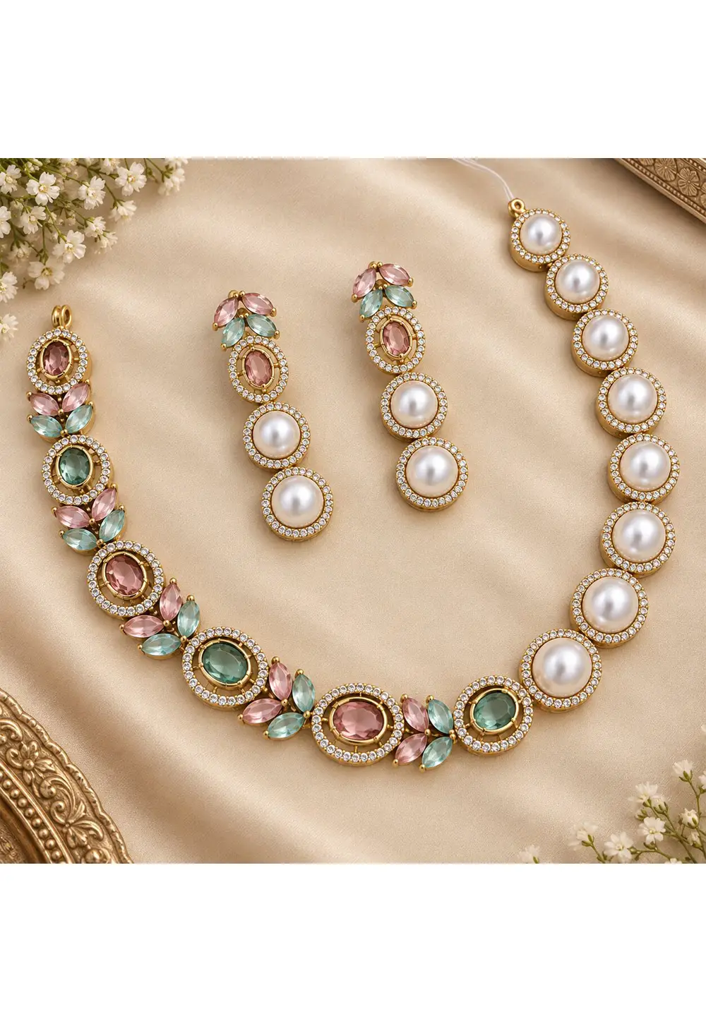 Multicolor Stone Necklace With Earrings 335568