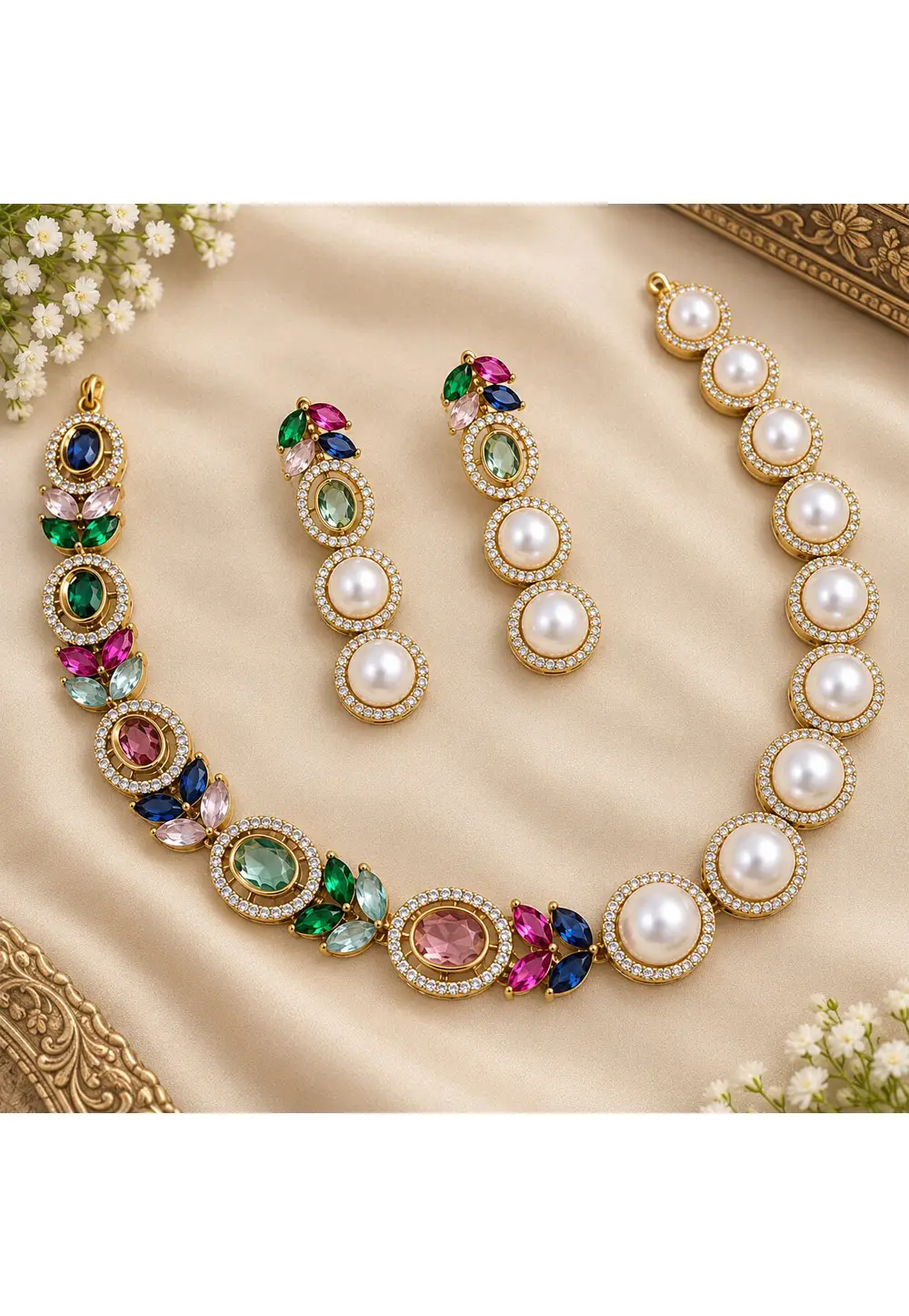 Multicolor Stone Necklace With Earrings 335569